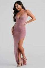 Heather Ruched High-Slit Formal Dress